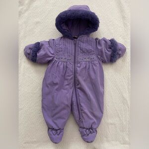 La Petite Rothschild Floral Embroidered Lavender Pram Snowsuit with Faux Fur